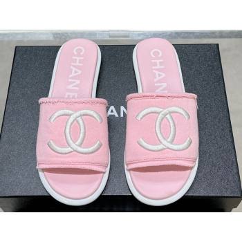 Chanel CC Logo Fabric Flat Mules Pink 2024 (modeng-24022917)