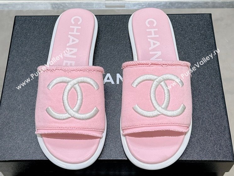 Chanel CC Logo Fabric Flat Mules Pink 2024 (modeng-24022917)