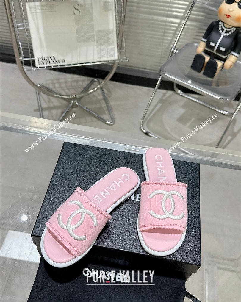 Chanel CC Logo Fabric Flat Mules Pink 2024 (modeng-24022917)