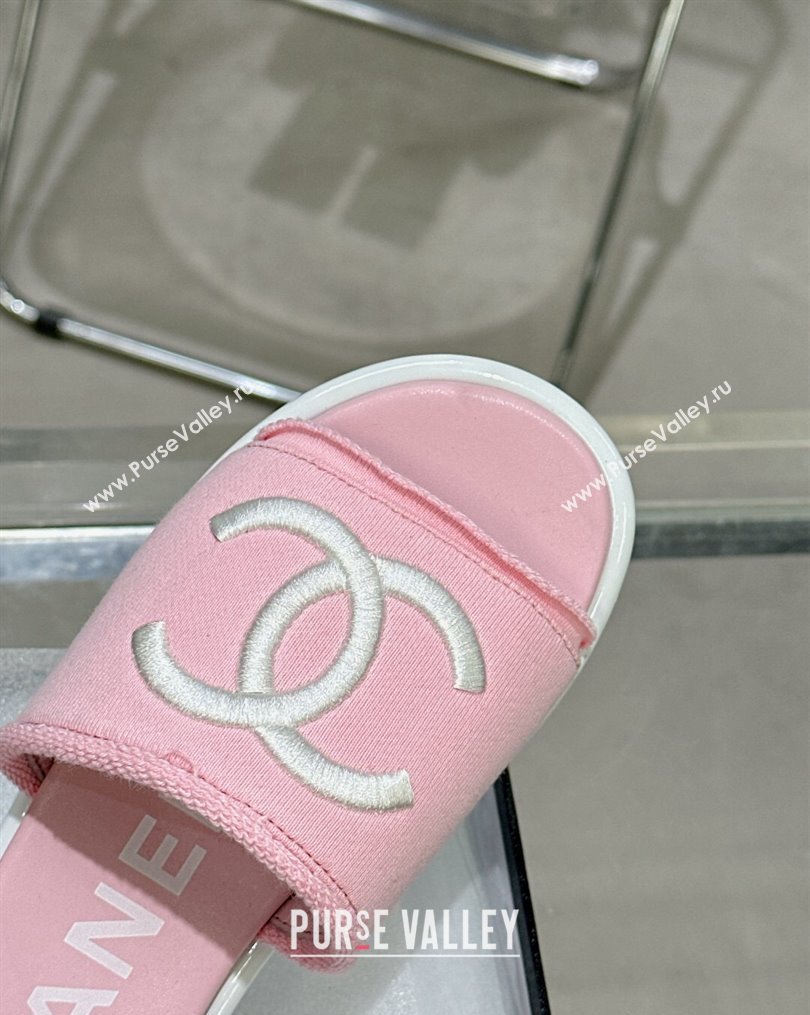 Chanel CC Logo Fabric Flat Mules Pink 2024 (modeng-24022917)