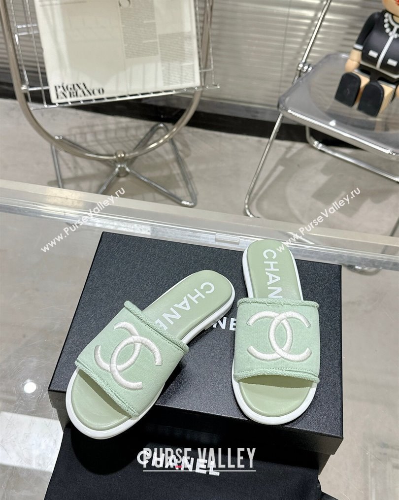 Chanel CC Logo Fabric Flat Mules Green 2024 (modeng-24022916)