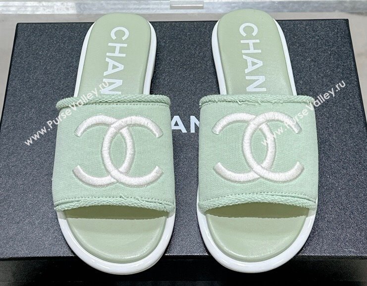 Chanel CC Logo Fabric Flat Mules Green 2024 (modeng-24022916)