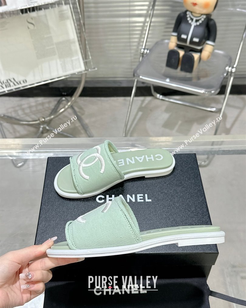 Chanel CC Logo Fabric Flat Mules Green 2024 (modeng-24022916)