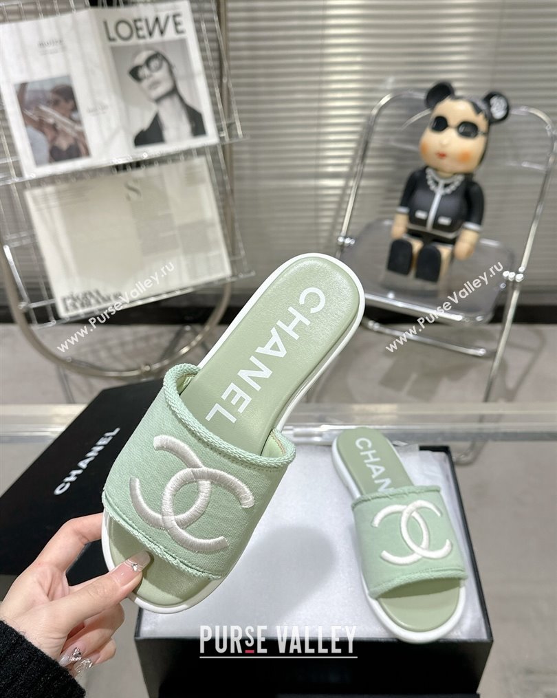 Chanel CC Logo Fabric Flat Mules Green 2024 (modeng-24022916)