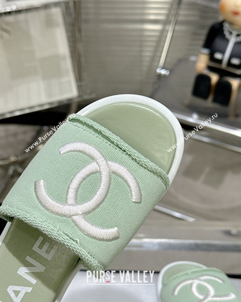 Chanel CC Logo Fabric Flat Mules Green 2024 (modeng-24022916)