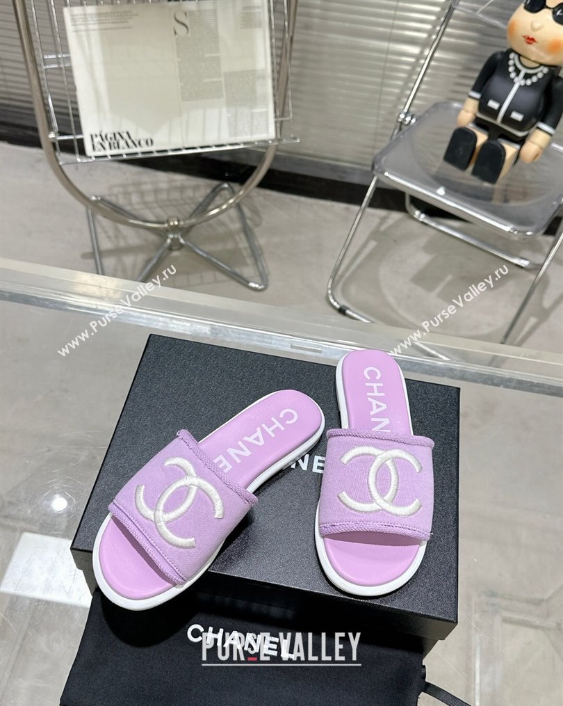 Chanel CC Logo Fabric Flat Mules Purple 2024 (modeng-24022918)