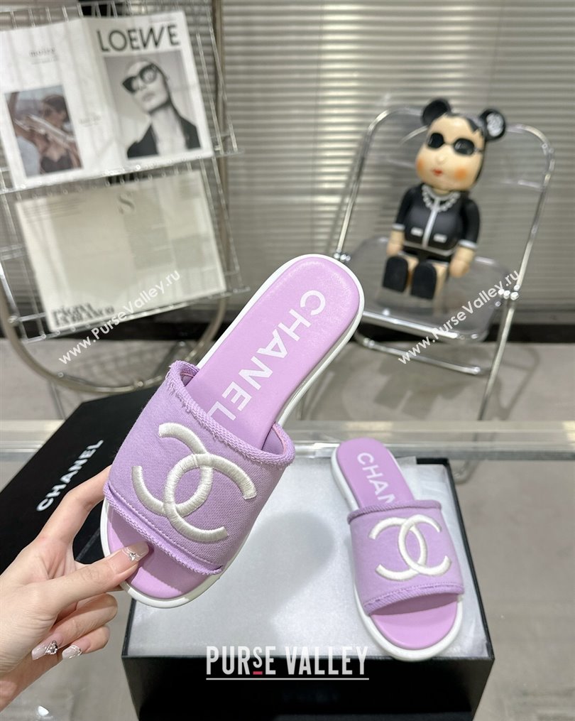 Chanel CC Logo Fabric Flat Mules Purple 2024 (modeng-24022918)