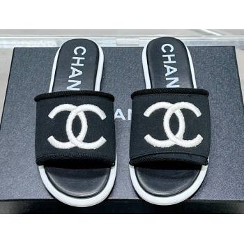 Chanel CC Logo Fabric Flat Mules Black 2024 (modeng-24022913)