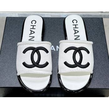 Chanel CC Logo Fabric Flat Mules White 2024 (modeng-24022914)