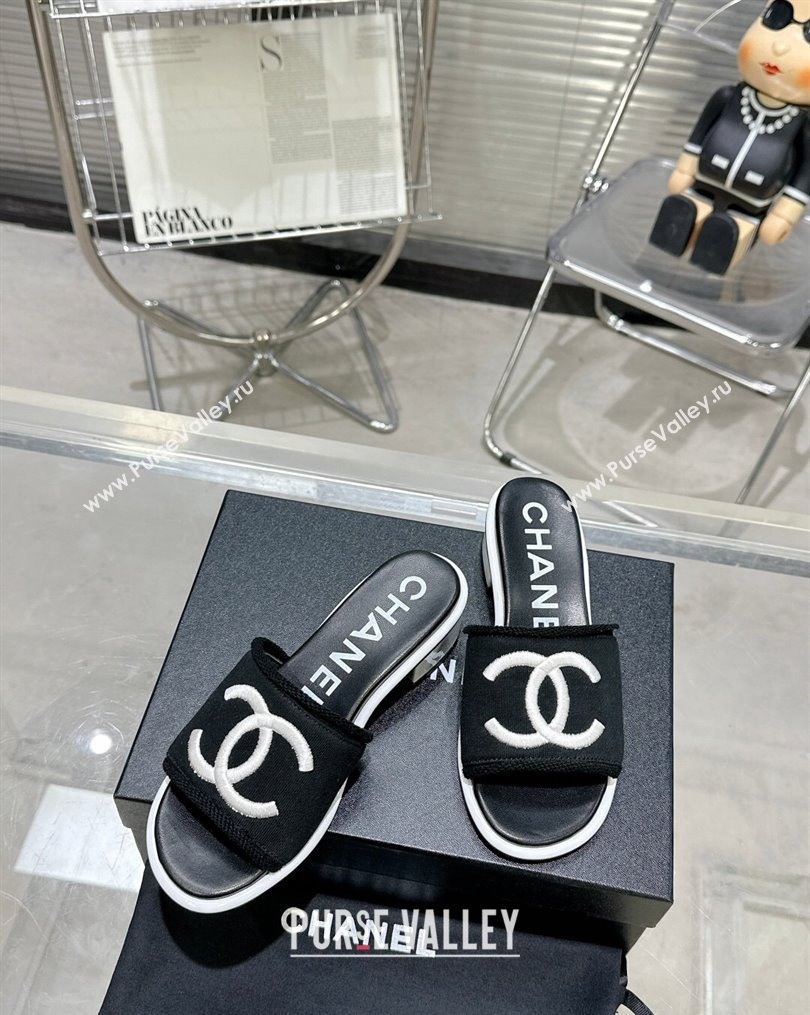 Chanel CC Logo Fabric Heel Mules Black 2024 (modeng-24022907)
