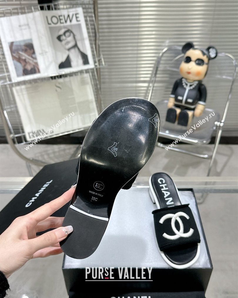 Chanel CC Logo Fabric Heel Mules Black 2024 (modeng-24022907)