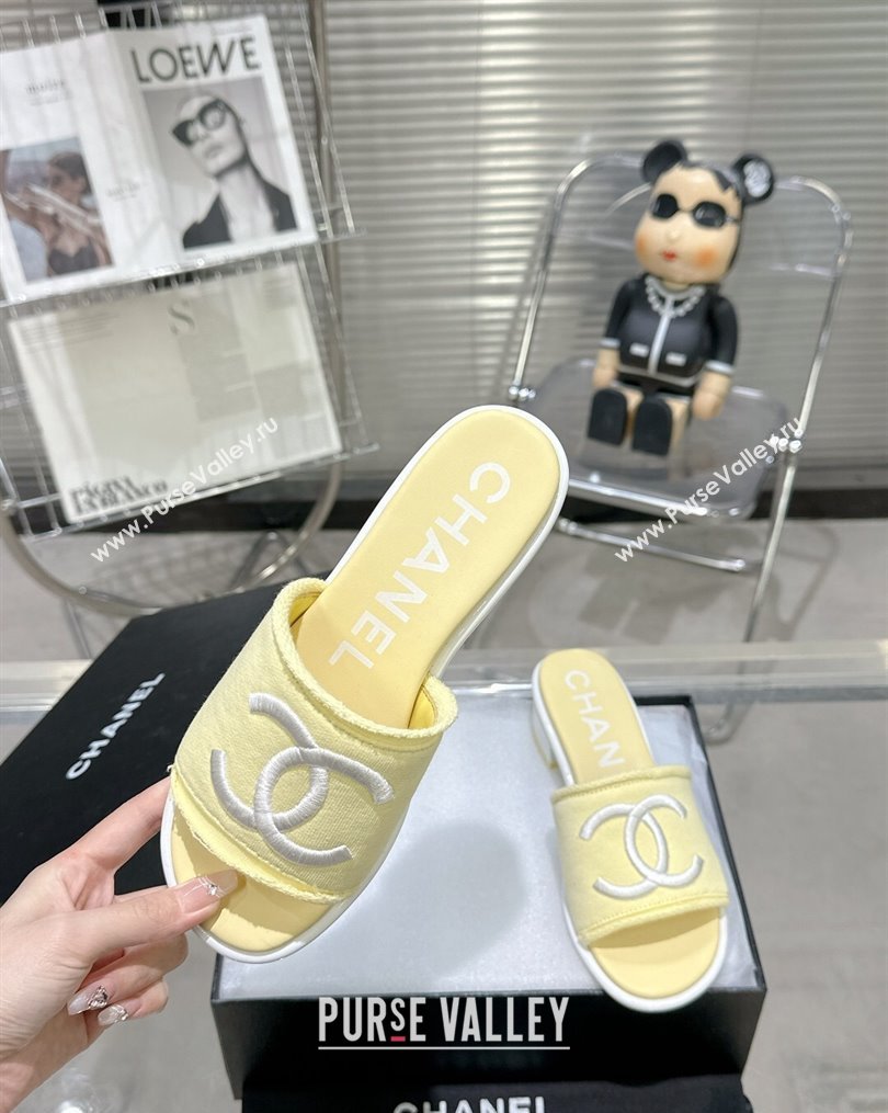 Chanel CC Logo Fabric Heel Mules Yellow 2024 (modeng-24022909)