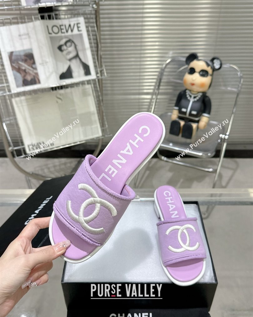 Chanel CC Logo Fabric Heel Mules Purple 2024 (modeng-24022912)