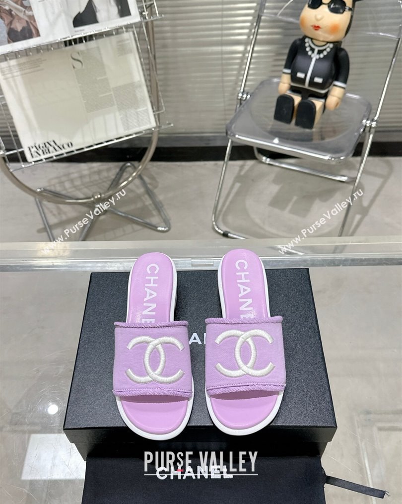 Chanel CC Logo Fabric Heel Mules Purple 2024 (modeng-24022912)