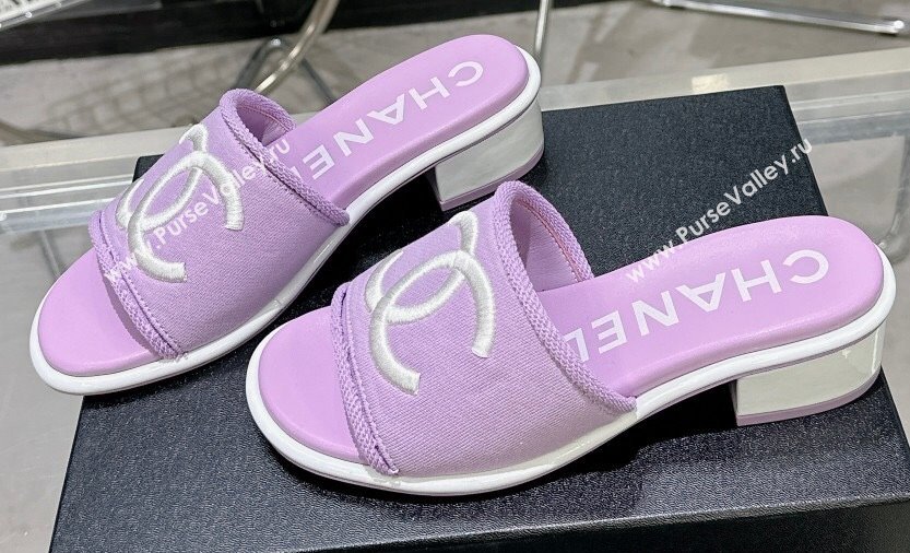 Chanel CC Logo Fabric Heel Mules Purple 2024 (modeng-24022912)