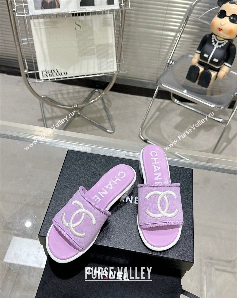 Chanel CC Logo Fabric Heel Mules Purple 2024 (modeng-24022912)