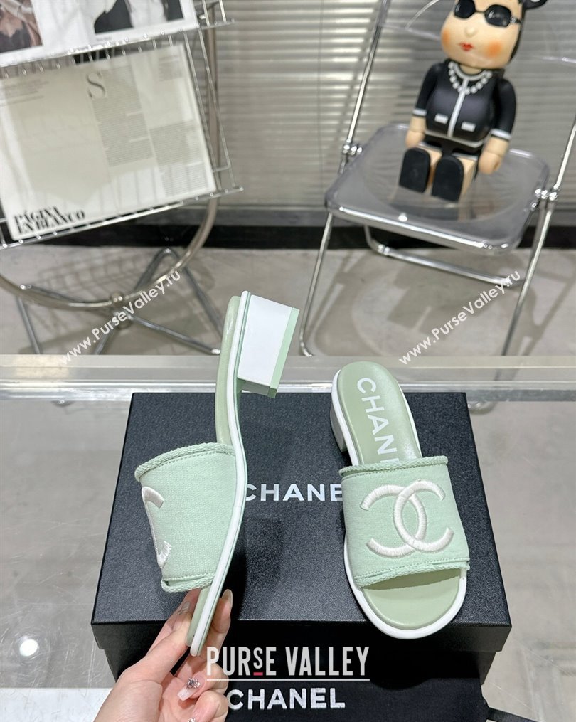 Chanel CC Logo Fabric Heel Mules Green 2024 (modeng-24022910)