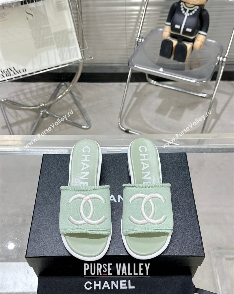 Chanel CC Logo Fabric Heel Mules Green 2024 (modeng-24022910)