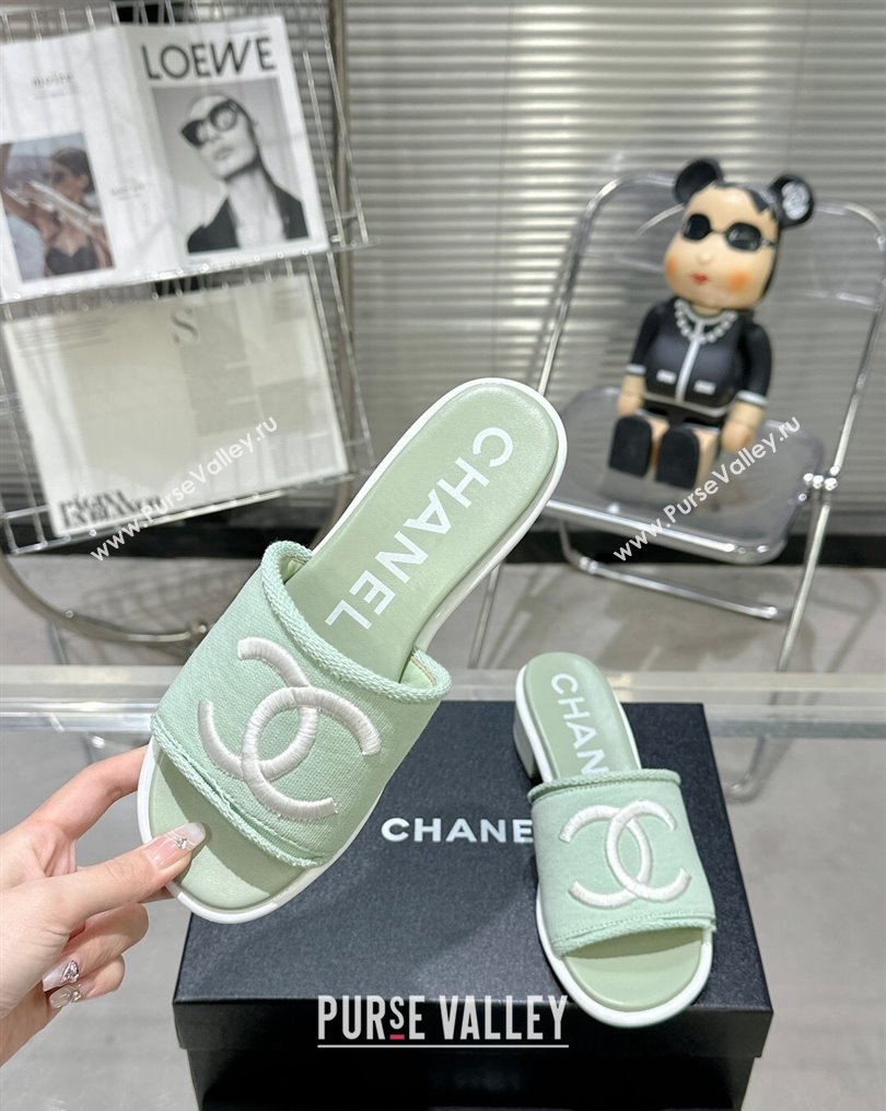 Chanel CC Logo Fabric Heel Mules Green 2024 (modeng-24022910)