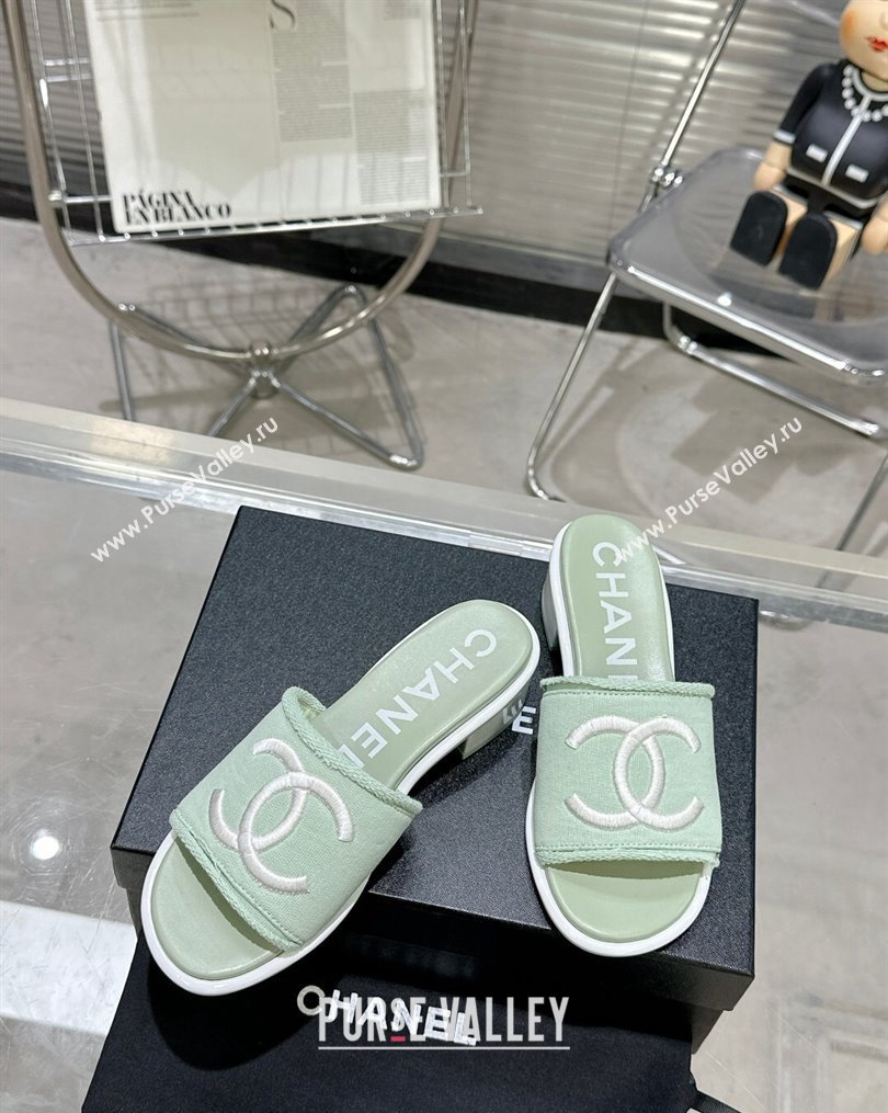 Chanel CC Logo Fabric Heel Mules Green 2024 (modeng-24022910)