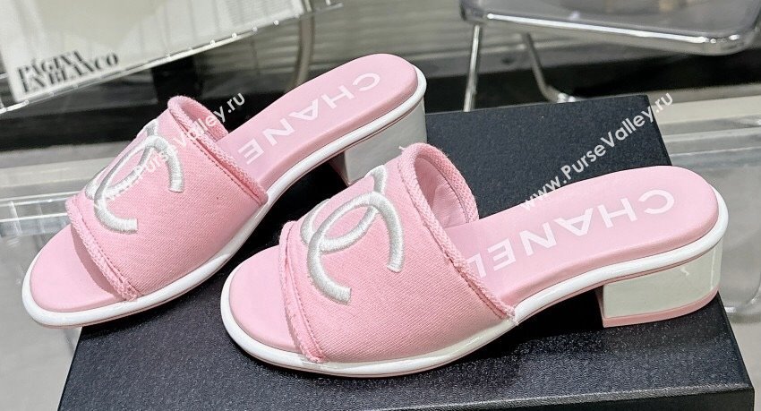 Chanel CC Logo Fabric Heel Mules Pink 2024 (modeng-24022911)