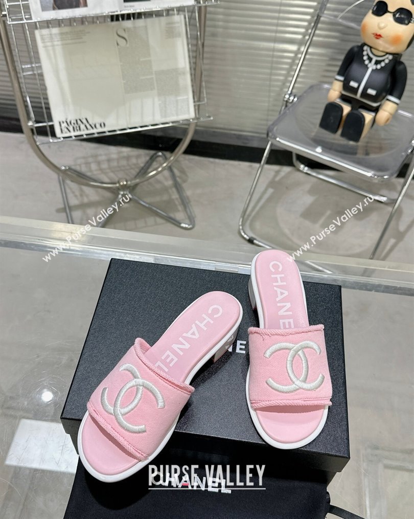 Chanel CC Logo Fabric Heel Mules Pink 2024 (modeng-24022911)