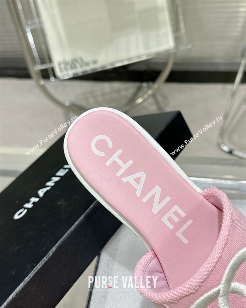 Chanel CC Logo Fabric Heel Mules Pink 2024 (modeng-24022911)