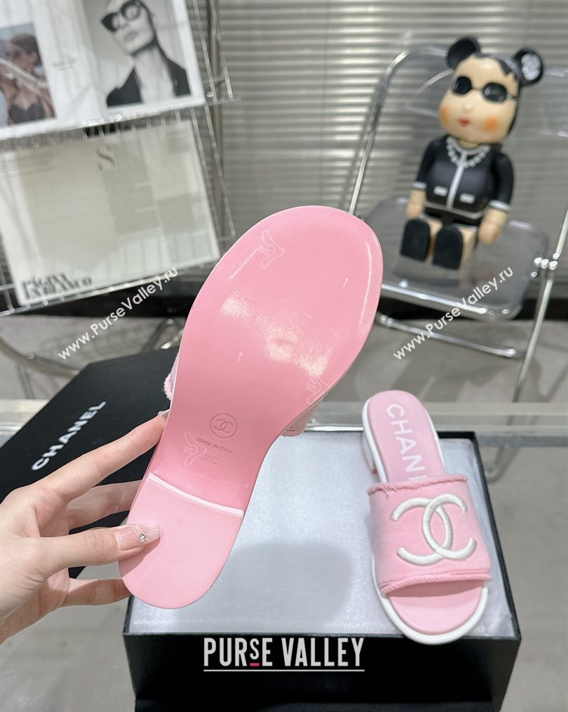 Chanel CC Logo Fabric Heel Mules Pink 2024 (modeng-24022911)