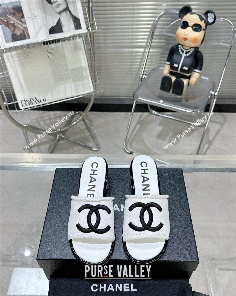 Chanel CC Logo Fabric Heel Mules White 2024 (modeng-24022908)