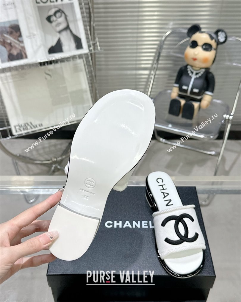 Chanel CC Logo Fabric Heel Mules White 2024 (modeng-24022908)