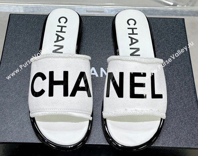 Chanel Logo Fabric Flat Mules White 2024 (modeng-24022902)