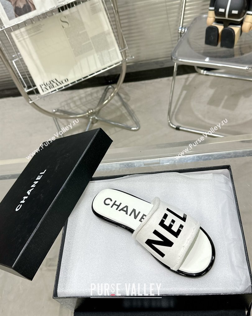 Chanel Logo Fabric Flat Mules White 2024 (modeng-24022902)