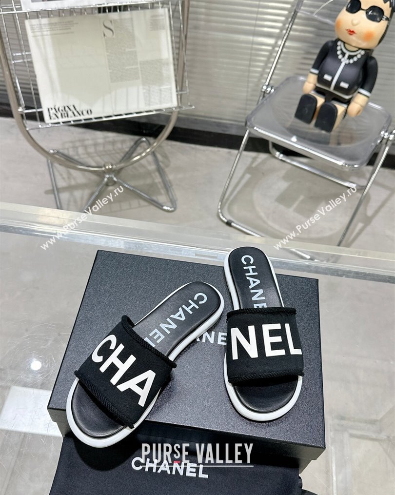 Chanel Logo Fabric Flat Mules Black 2024 (modeng-24022901)