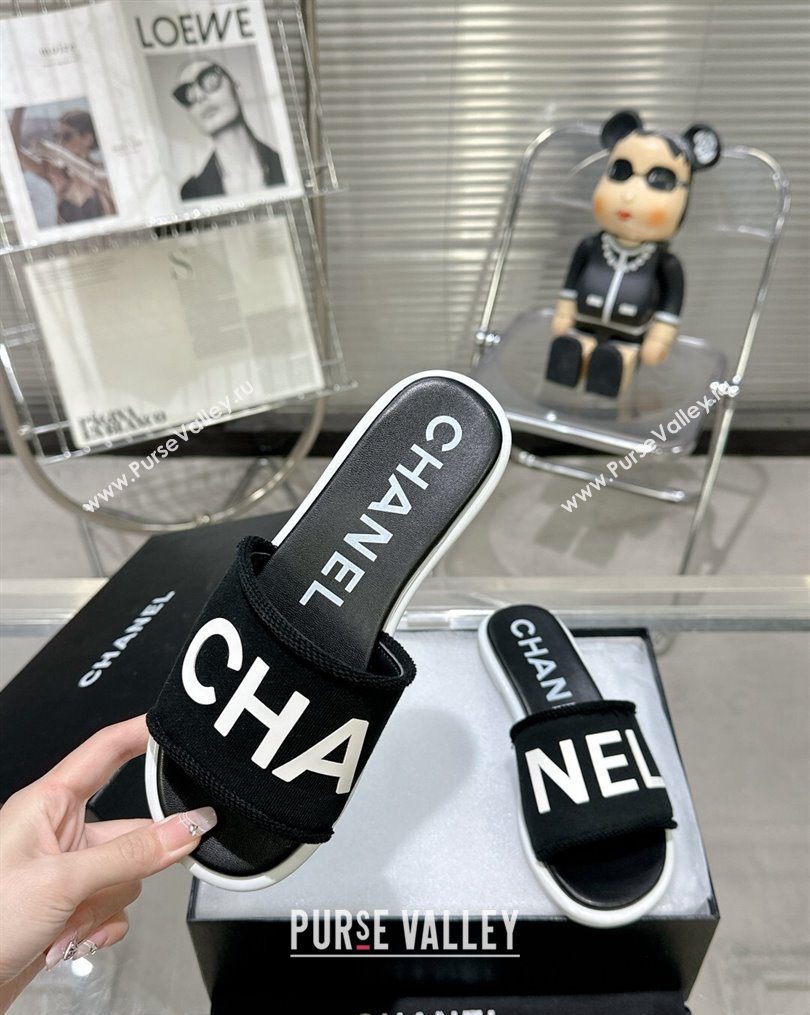 Chanel Logo Fabric Flat Mules Black 2024 (modeng-24022901)