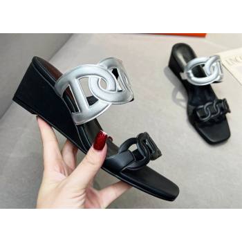 Hermes Figari 55 sandals Black/Silver with Chaine dAncre straps (guodong-24030421)