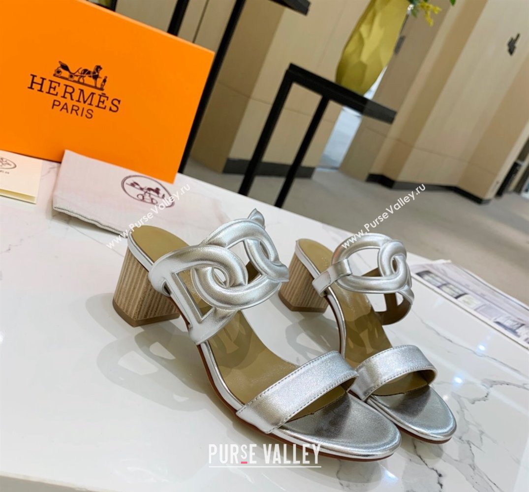 Hermes Heel 5.5cm Bikini sandals Silver with oversized Chaine dAncre (guodong-24030433)