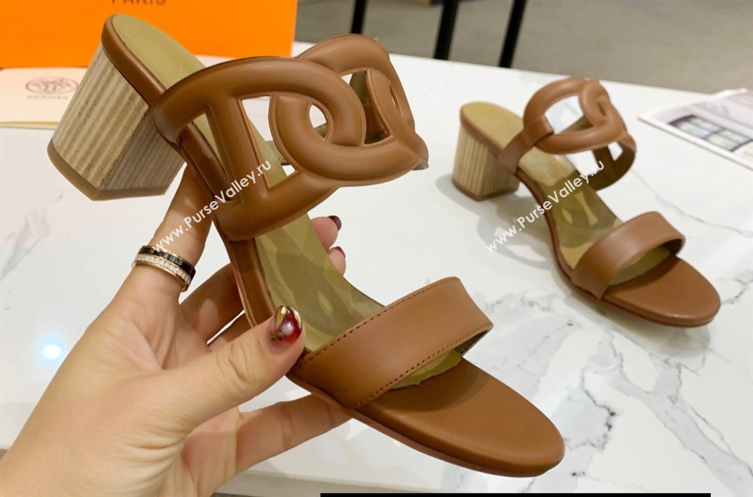 Hermes Heel 5.5cm Bikini sandals Brown with oversized Chaine dAncre (guodong-24030430)