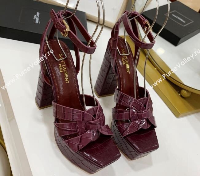 Saint Laurent Platform Tribute Sandals Croco Pattern Burgundy (guodong-24030206)