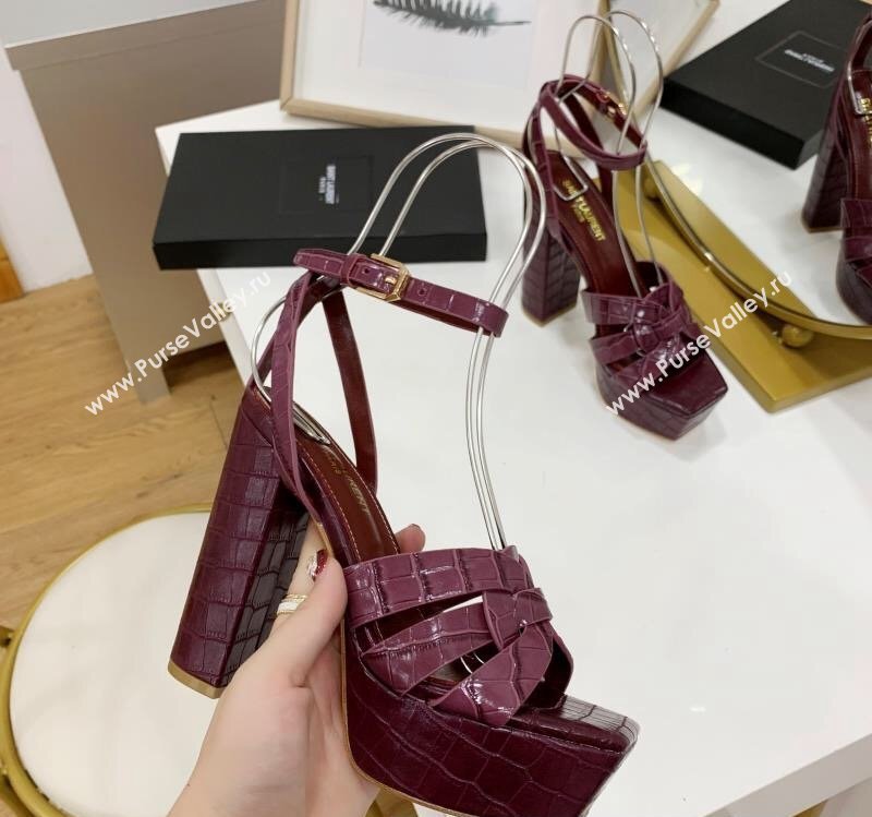 Saint Laurent Platform Tribute Sandals Croco Pattern Burgundy (guodong-24030206)