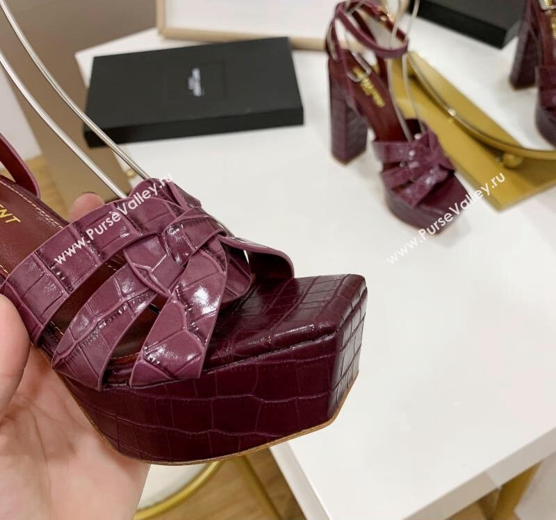 Saint Laurent Platform Tribute Sandals Croco Pattern Burgundy (guodong-24030206)