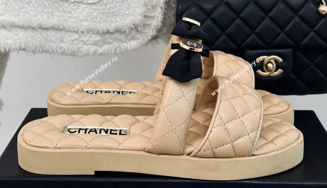 Chanel Lambskin Quilting and Bow Mules Beige 2024 (modeng-24030511)