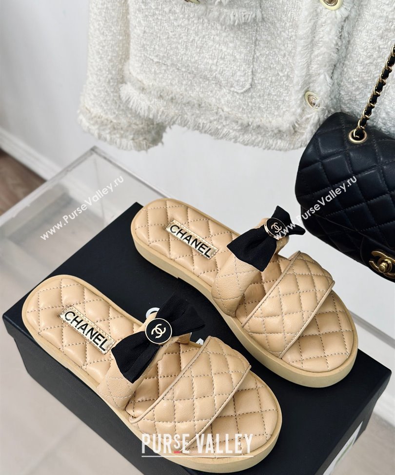 Chanel Lambskin Quilting and Bow Mules Beige 2024 (modeng-24030511)