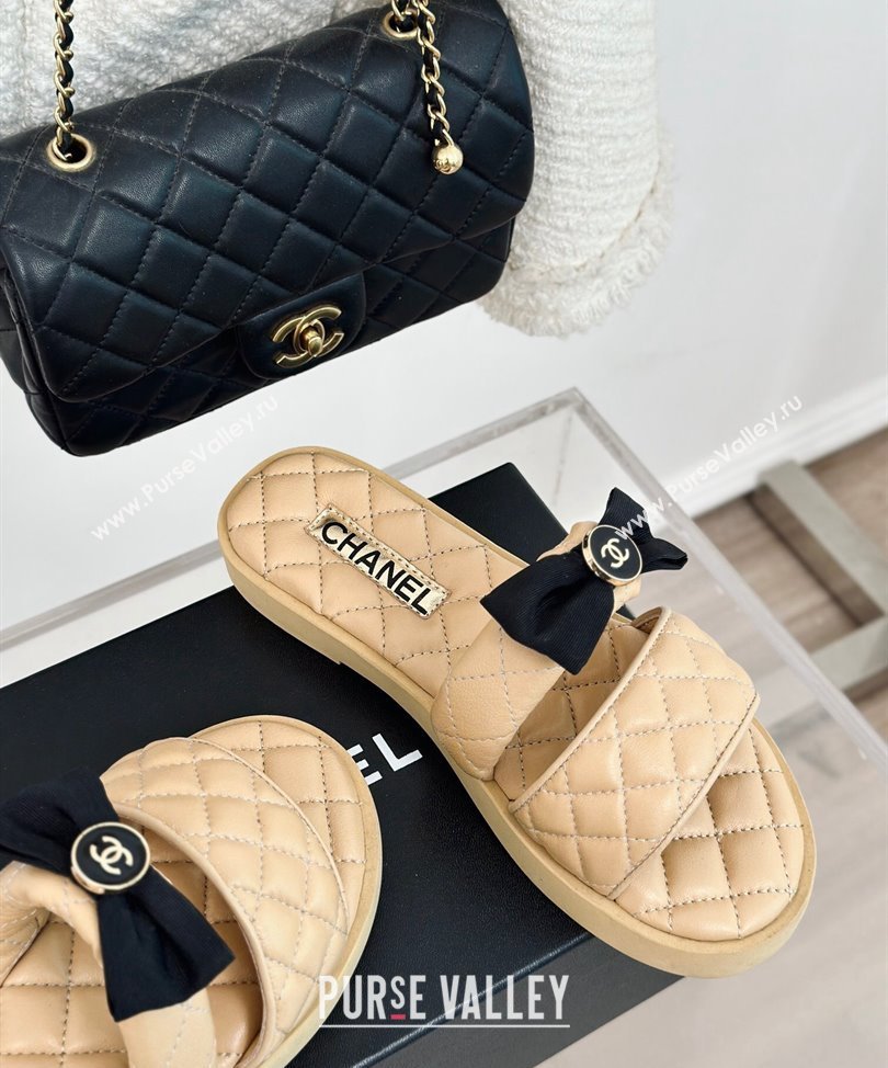 Chanel Lambskin Quilting and Bow Mules Beige 2024 (modeng-24030511)