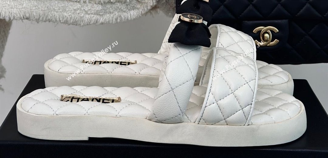 Chanel Lambskin Quilting and Bow Mules White 2024 (modeng-24030510)