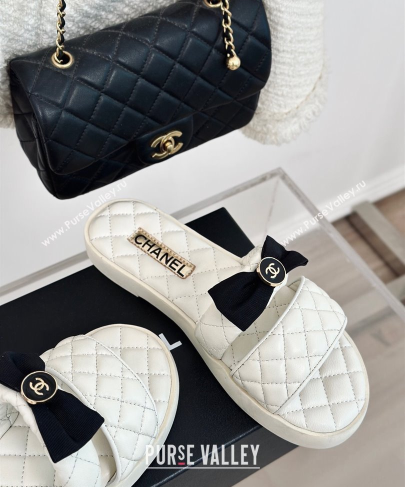 Chanel Lambskin Quilting and Bow Mules White 2024 (modeng-24030510)