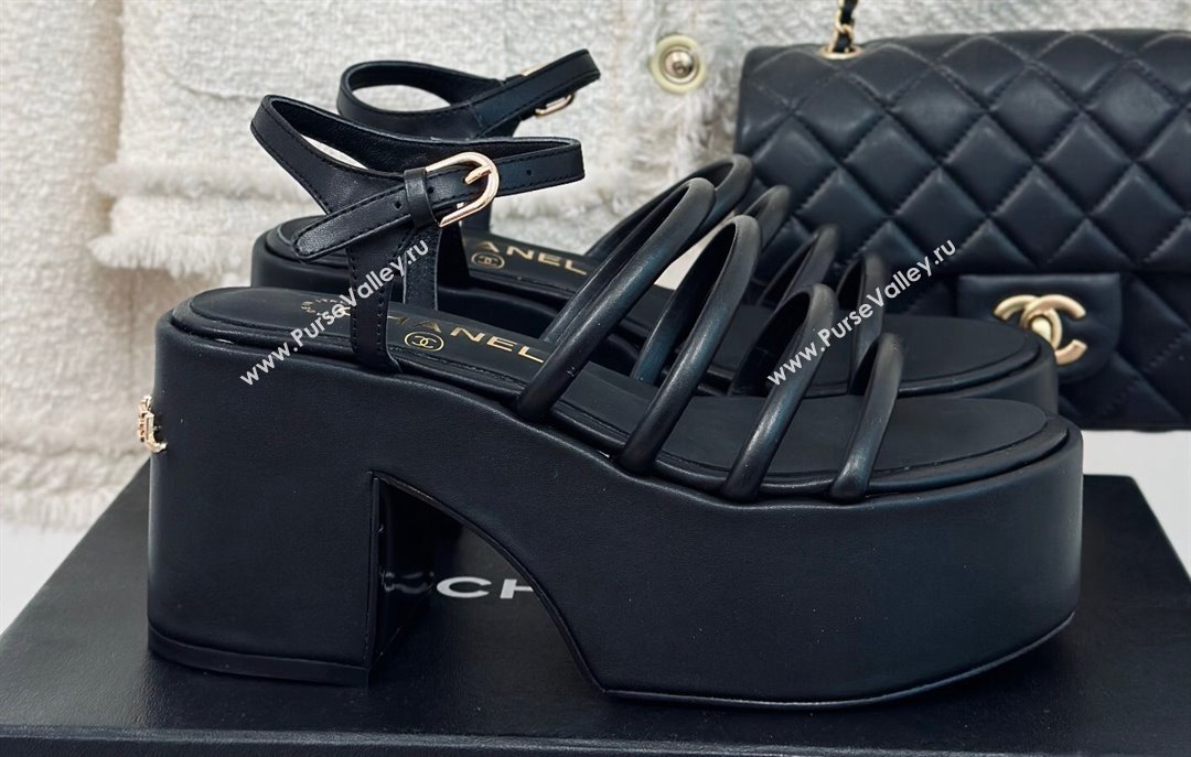 Chanel Calfskin tubular Wedge Sandals Black 2024 (modeng-24030515)