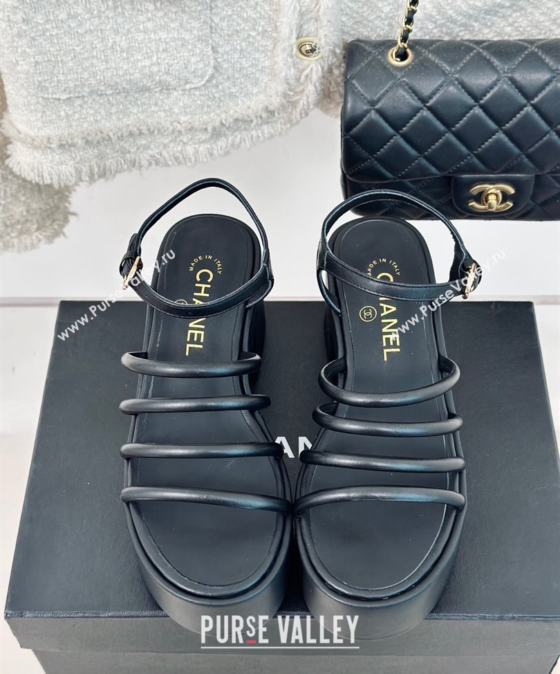 Chanel Calfskin tubular Wedge Sandals Black 2024 (modeng-24030515)