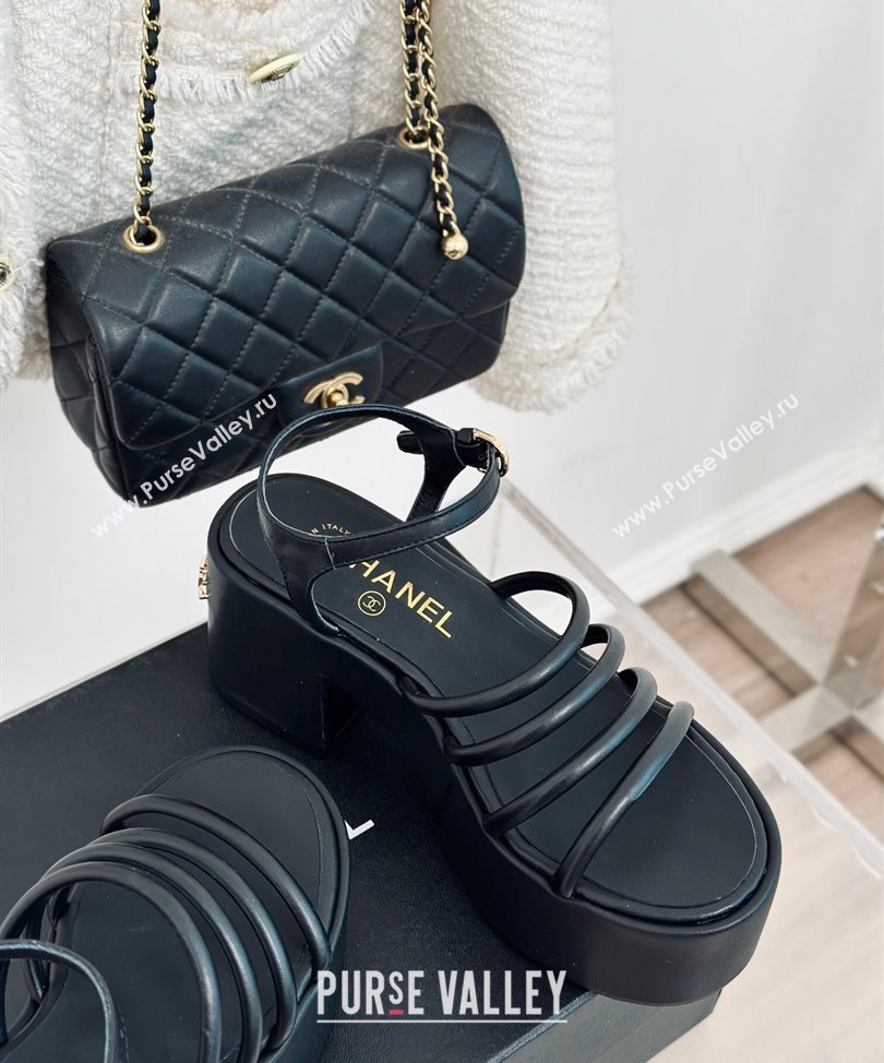 Chanel Calfskin tubular Wedge Sandals Black 2024 (modeng-24030515)