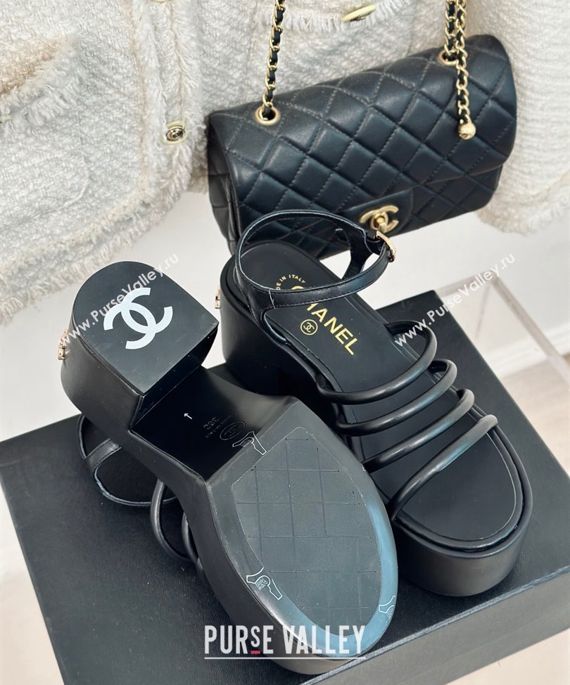 Chanel Calfskin tubular Wedge Sandals Black 2024 (modeng-24030515)