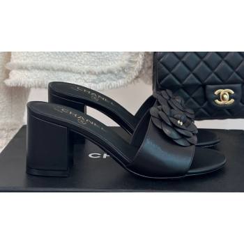 Chanel Heel 6.5cm Lambskin Mules with Camellia G45499 Black 2024 (modeng-24030414)